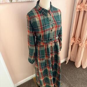 BloomChic Green Red Plaid Button Front Shirt Dress